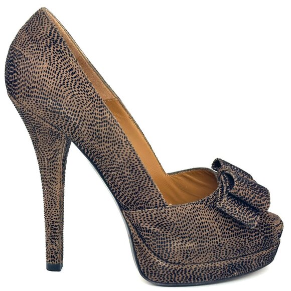 FENDI Deco Textured Suede Peep Toe Bow Platform Pumps Shoes Heels